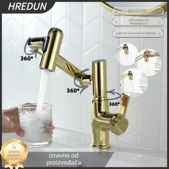 Zlat mješalica od mesinga s digitalnim zaslonom, univerzalno okretni topli/hladni, model MD-59305-1Q, keramički disk ventil, ugrađena instalacija