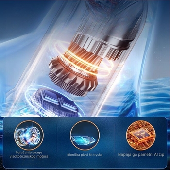 Bežični ručni usisivač za auto i dom – 50W, usis 15.1–20 kPa, ugrađena baterija 1001–1600 mAh, do 3 h rada, zvuk <36 dB, LED rasvjeta; nastavci: ciklonska mlaznica, kutna četka, dvostruka četka za čišćenje i usisavanje