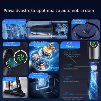 BASDEO bežični ručni/vertikalni usisavač za auto i dom — 16000Pa usisavanja, 11.1V, 100W, punjiv