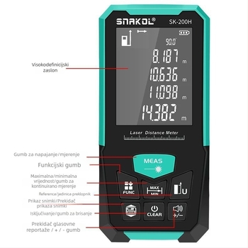 Laserski mjerač udaljenosti, ručni, infracrveni, digitalni mjerni instrument, domet do 200 m