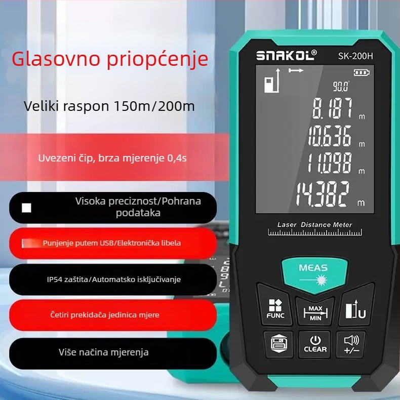 Laserski mjerač udaljenosti, ručni, infracrveni, digitalni mjerni instrument, domet do 200 m