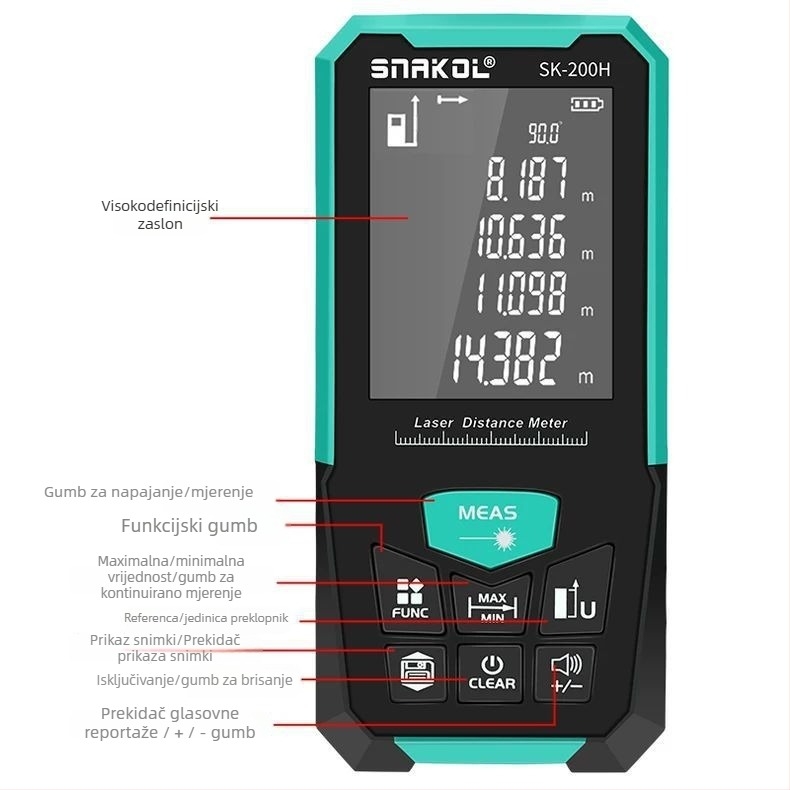 Laserski mjerač udaljenosti, ručni, infracrveni, digitalni mjerni instrument, domet do 200 m