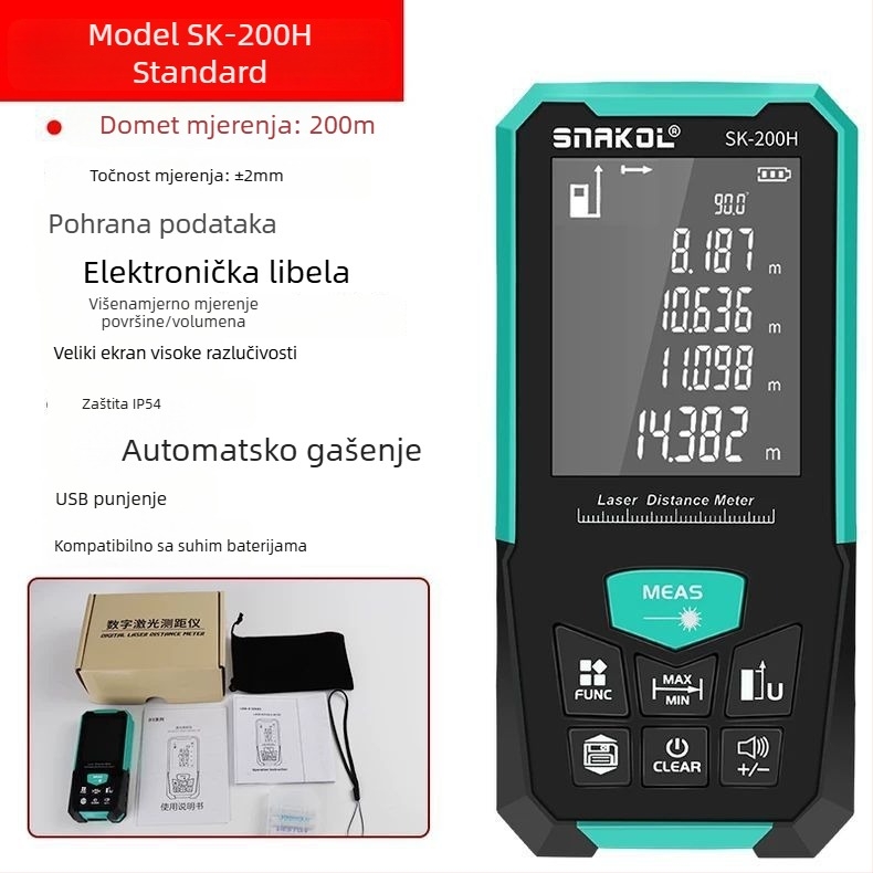 Laserski mjerač udaljenosti, ručni, infracrveni, digitalni mjerni instrument, domet do 200 m