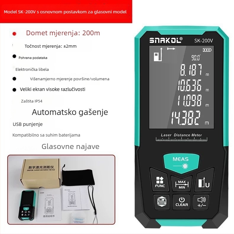 Laserski mjerač udaljenosti, ručni, infracrveni, digitalni mjerni instrument, domet do 200 m