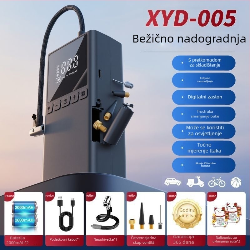 Prijenosna 12V pumpa za automobile, 100W, višecilindrični dizajn, s digitalnim LCD zaslonom, za automobile, motocikle i bicikle