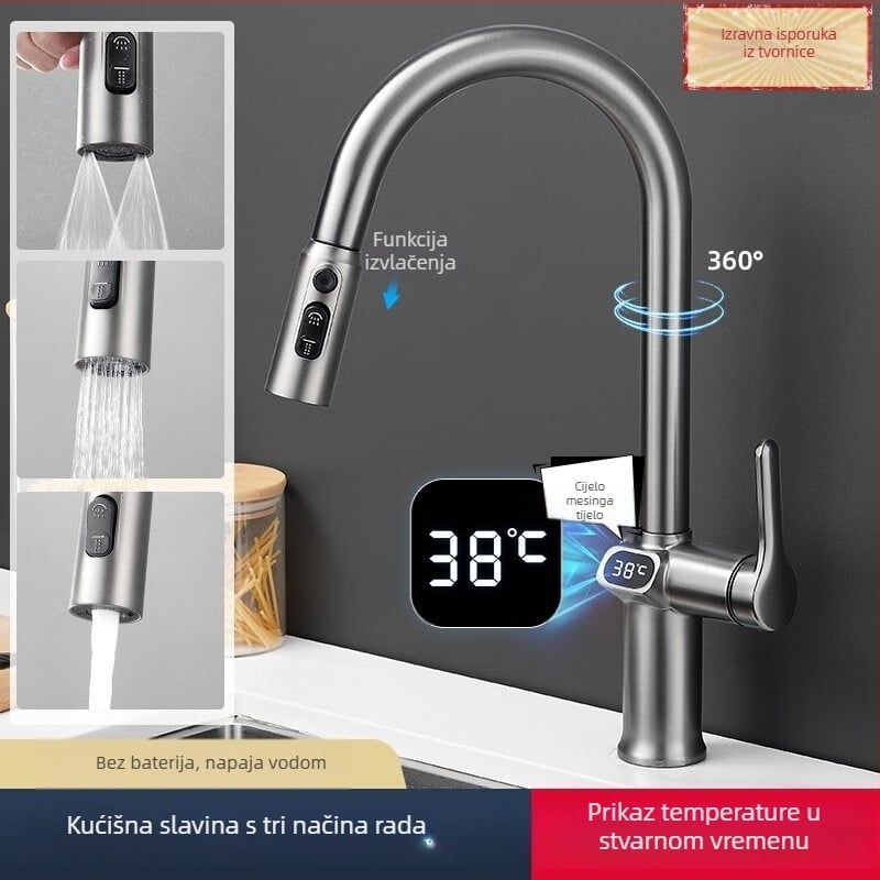 Kuhinjska slavina s izvlačnim nastavkom, tijelo od bakrenog legure, keramički disk ventil, ugradnja na temelju, moderan jednostavan stil