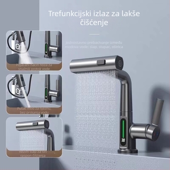 Kupaonski slavina za umivaonik s izvučnim izljevom i rotirajućim slapom – bakreno tijelo, keramički disk ventil, 2 MPa, 0–100°C, G1/2 ulaz/izlaz