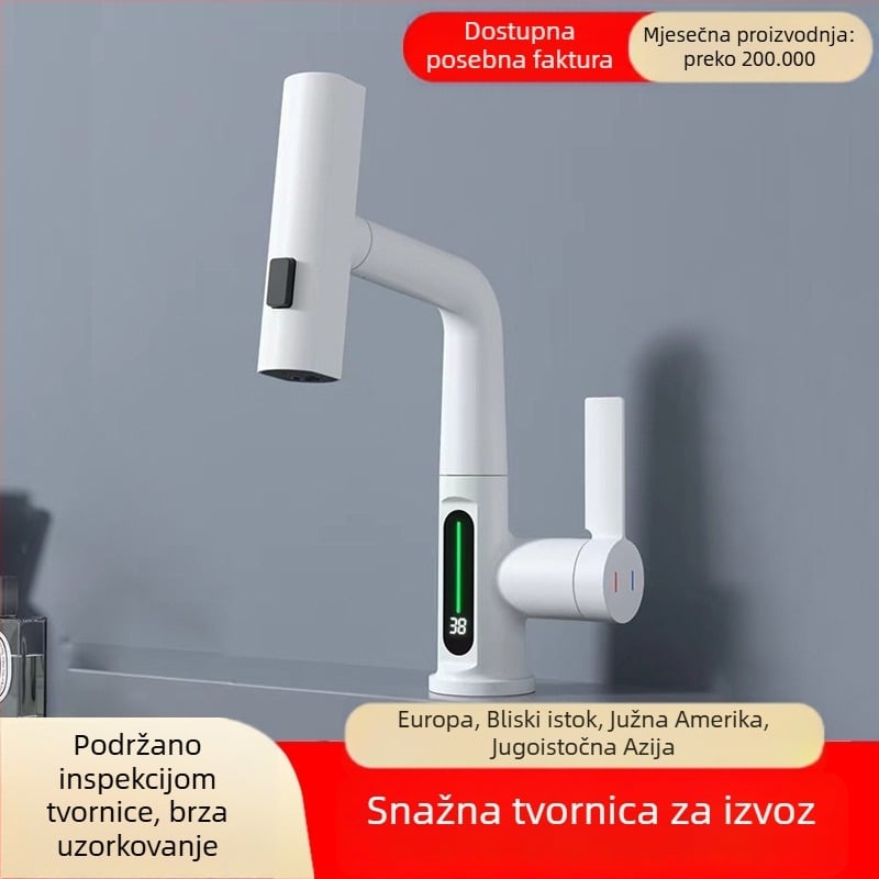 Kupaonski slavina za umivaonik s izvučnim izljevom i rotirajućim slapom – bakreno tijelo, keramički disk ventil, 2 MPa, 0–100°C, G1/2 ulaz/izlaz
