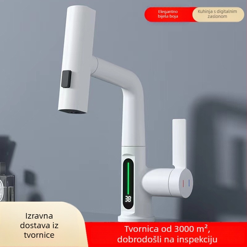 Kupaonski slavina za umivaonik s izvučnim izljevom i rotirajućim slapom – bakreno tijelo, keramički disk ventil, 2 MPa, 0–100°C, G1/2 ulaz/izlaz
