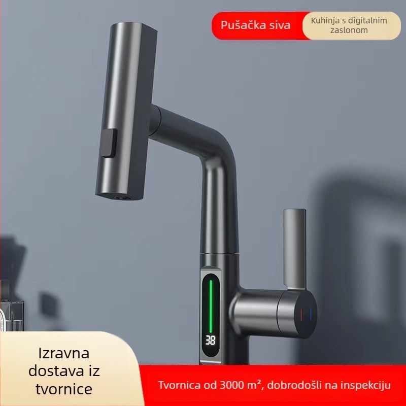 Kupaonski slavina za umivaonik s izvučnim izljevom i rotirajućim slapom – bakreno tijelo, keramički disk ventil, 2 MPa, 0–100°C, G1/2 ulaz/izlaz