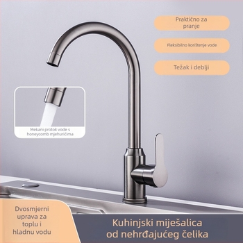 Kuhinjski miješac, nehrđajući čelik, uspravna ugradnja, keramijski kartridž ventil, topla i hladna voda, 4 ulaza/izlaza