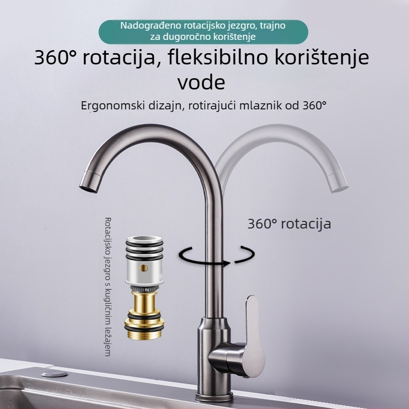 Kuhinjski miješac, nehrđajući čelik, uspravna ugradnja, keramijski kartridž ventil, topla i hladna voda, 4 ulaza/izlaza