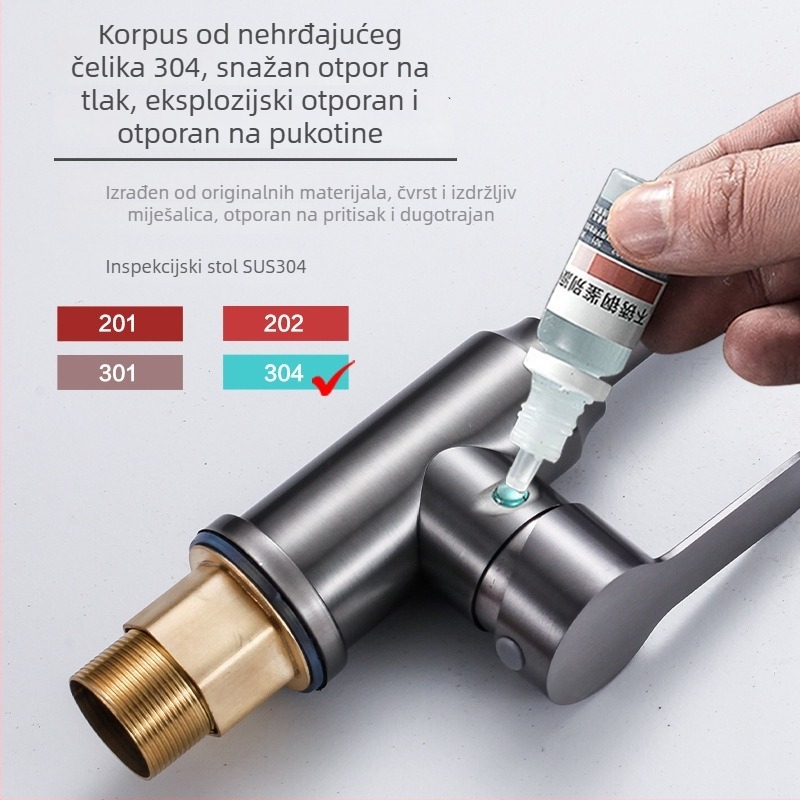 Kuhinjski miješac, nehrđajući čelik, uspravna ugradnja, keramijski kartridž ventil, topla i hladna voda, 4 ulaza/izlaza