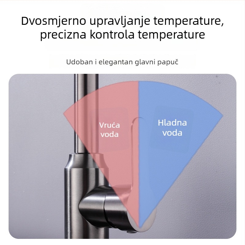 Kuhinjski miješac, nehrđajući čelik, uspravna ugradnja, keramijski kartridž ventil, topla i hladna voda, 4 ulaza/izlaza