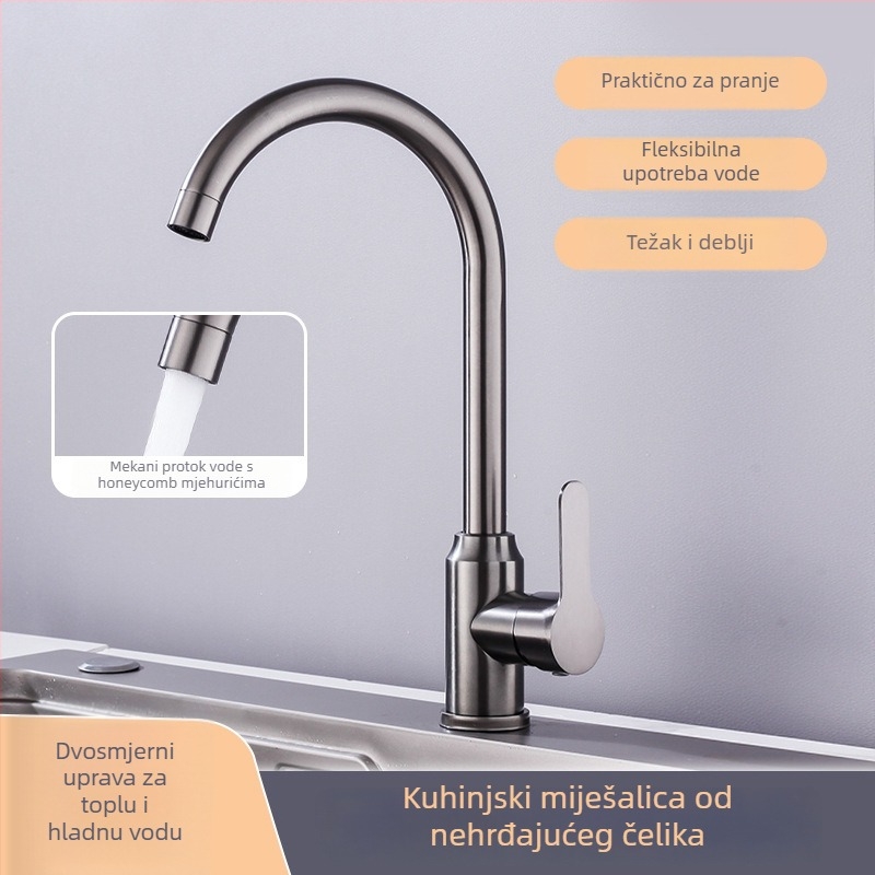 Kuhinjski miješac, nehrđajući čelik, uspravna ugradnja, keramijski kartridž ventil, topla i hladna voda, 4 ulaza/izlaza