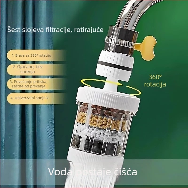 Filter za slavinu — rotirajući model, PP materijal, univerzalno sjedalo ventila, standardni ulaz/izlaz, ugradnja snap-on