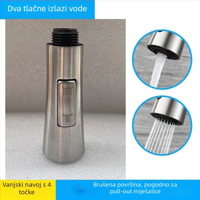 Izvlačni mlaznik za kuhinjski faucet, od nehrđajućeg čelika 304, keramički jezgreni ventil, okretna instalacija, konstrukcija s jednim zglobom