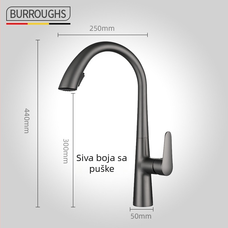 Kuhinjska izvlačna slavina od bakra, model H2203, miješanje i izvlačna funkcija, topla i hladna voda, 5–80°C, 0,8 MPa