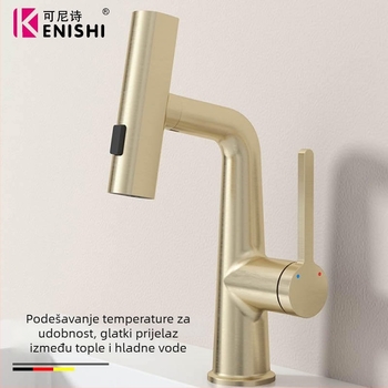 Umivaonički faucet od cinkove legure, izvučni dizajn, keramički kartridž, 35 mm sjedalo, podizno otvaranje, 4 točke ulaza/izlaza