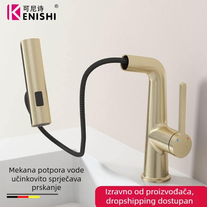 Umivaonički faucet od cinkove legure, izvučni dizajn, keramički kartridž, 35 mm sjedalo, podizno otvaranje, 4 točke ulaza/izlaza