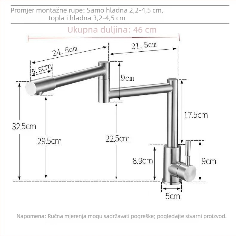 Kuhinjska miješalica s izvlačnim izljevom od 304 nehrđajućeg čelika, satenski završetak, topla i hladna voda, okretni izljev