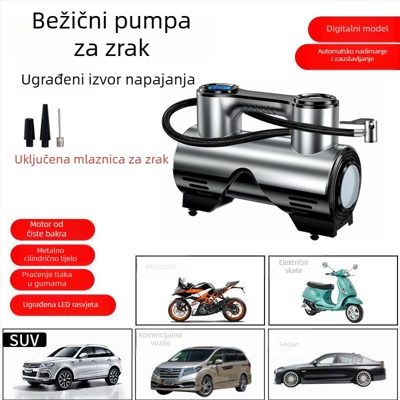 Bežična automobilska pumpa za nafukavanje guma, višefunkcionalna visokoučinkovita prijenosna pumpa s digitalnim zaslonom, 120 W, dvostruka ili više cilindara, upozoravajuće svjetlo, radno vrijeme 1–5 minuta