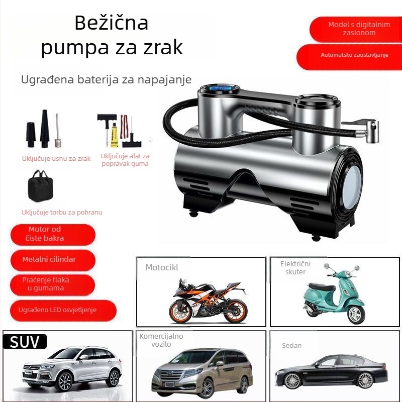 Bežična automobilska pumpa za nafukavanje guma, višefunkcionalna visokoučinkovita prijenosna pumpa s digitalnim zaslonom, 120 W, dvostruka ili više cilindara, upozoravajuće svjetlo, radno vrijeme 1–5 minuta