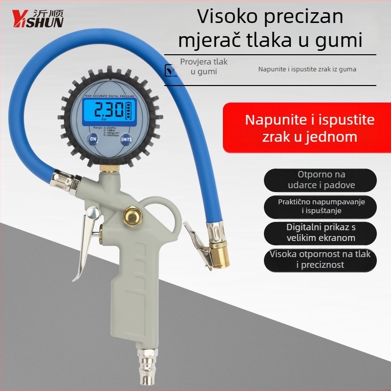 Pištolj za napuhavanje guma s manometrom za automobile i motocikle (Značka: Yishun; Točnost: 0.01; Jedinice prikaza: različite; Materijal: aluminij i željezo)