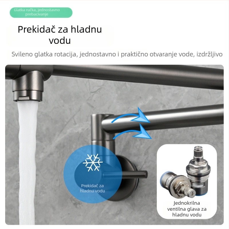 Kuhinjska slavina od nehrđajućeg čelika, zidna montaža, okretna, samo hladna voda, model P-J043