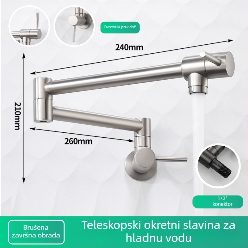 Kuhinjska slavina od nehrđajućeg čelika, zidna montaža, okretna, samo hladna voda, model P-J043