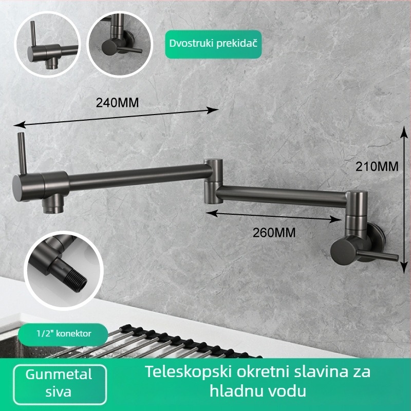 Kuhinjska slavina od nehrđajućeg čelika, zidna montaža, okretna, samo hladna voda, model P-J043