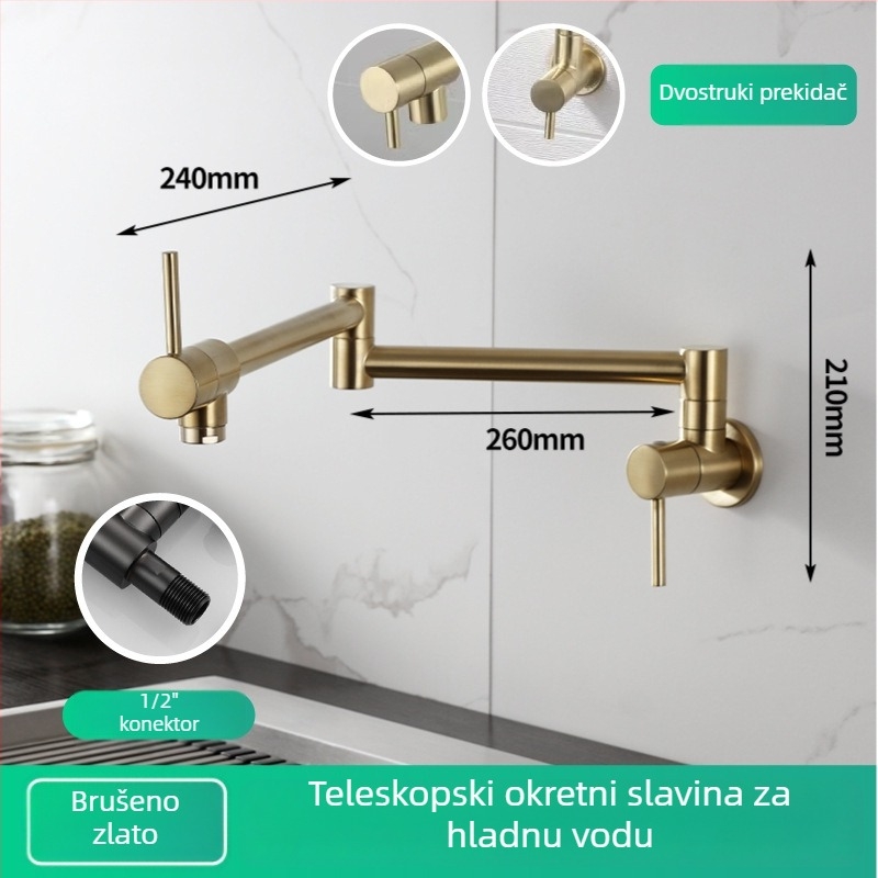 Kuhinjska slavina od nehrđajućeg čelika, zidna montaža, okretna, samo hladna voda, model P-J043