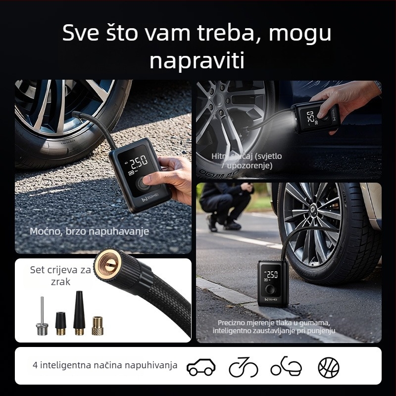 Buwei prijenosna pumpa za auto s digitalnim manometrom, 12 V, punjiva, 40 L/min, <80 W