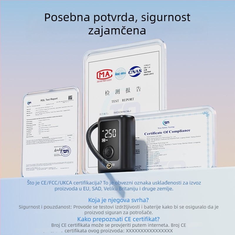Buwei prijenosna pumpa za auto s digitalnim manometrom, 12 V, punjiva, 40 L/min, <80 W