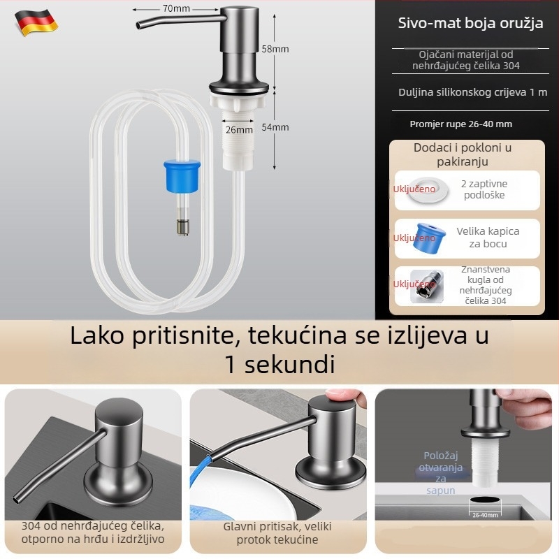 Dozator sapuna za sudoper s produženim cijevi, nehrđajući čelik, ručno pritiskanje, završna obrada pečenim lakom, moderan minimalistčki stil