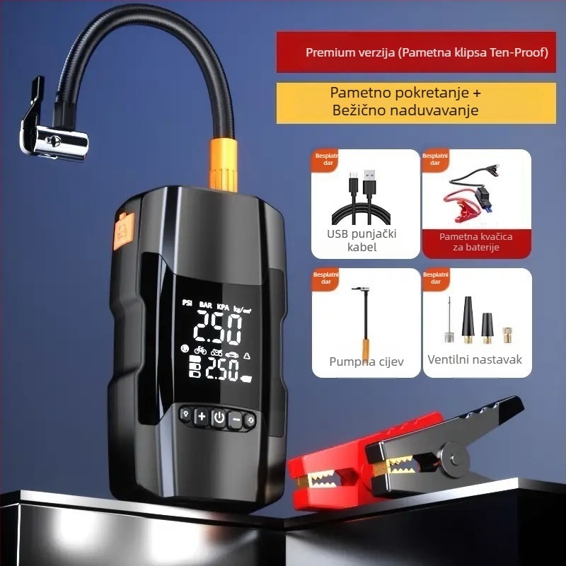 Automobilska pumpa za zrak s power bankom i hitnim pokretanjem – 14.8V, 120W, 35 L/min, Digitalni zaslon, 3 m kabel