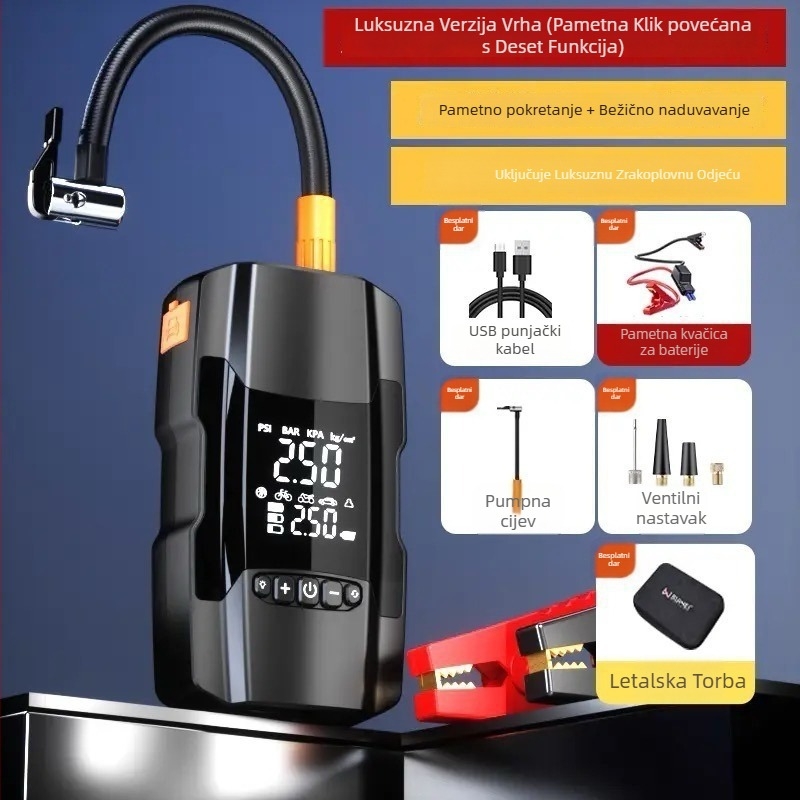 Automobilska pumpa za zrak s power bankom i hitnim pokretanjem – 14.8V, 120W, 35 L/min, Digitalni zaslon, 3 m kabel