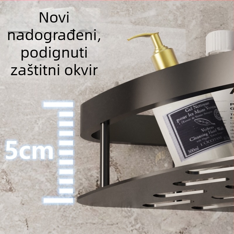 Kutna polica za kupaonicu – 3 etaže, zidni sustav bez bušenja, Space aluminij, nosivost 5–10 kg