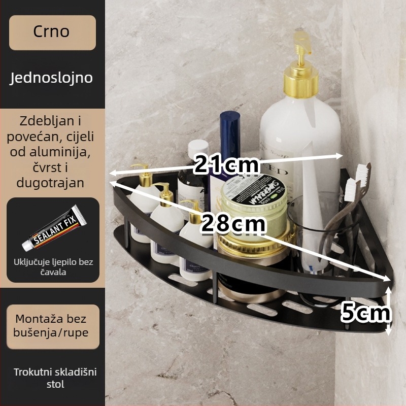 Kutna polica za kupaonicu – 3 etaže, zidni sustav bez bušenja, Space aluminij, nosivost 5–10 kg