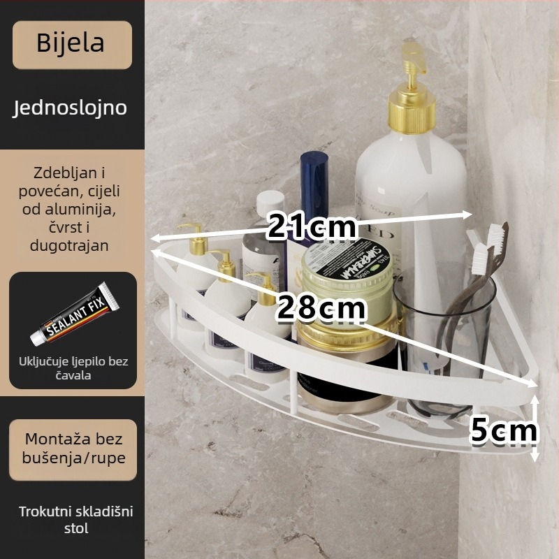 Kutna polica za kupaonicu – 3 etaže, zidni sustav bez bušenja, Space aluminij, nosivost 5–10 kg