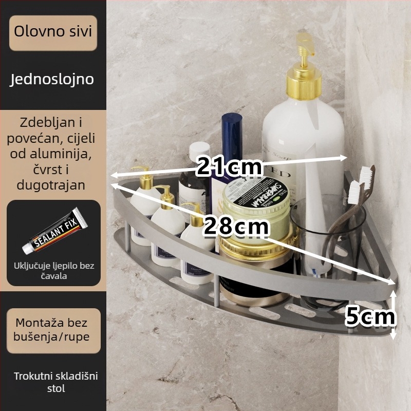 Kutna polica za kupaonicu – 3 etaže, zidni sustav bez bušenja, Space aluminij, nosivost 5–10 kg