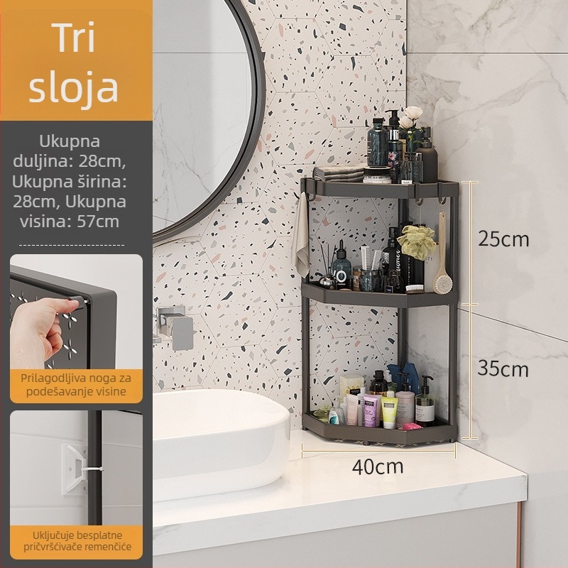 Kupaonski podni regal za pohranu, kutni dizajn, bez bušenja, 1 polica, moderni minimalistički stil