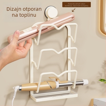 Zidni stalak za kosu s usisom – 3-slojni metalni okvir, pogodan za uvijač i sušilo za kosu, višenamjenski