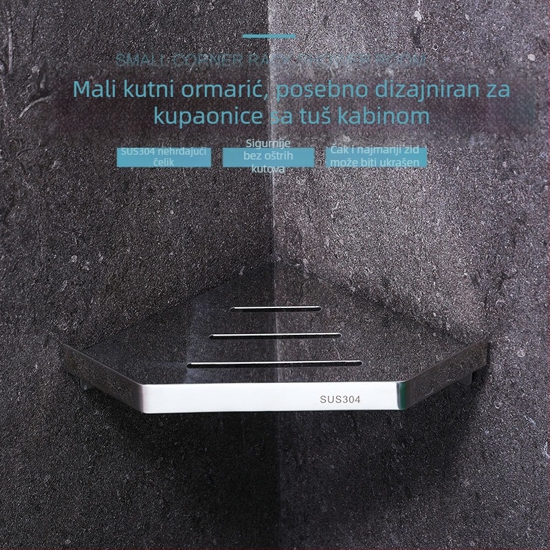 Trokutna kutna polica od nehrđajućeg čelika 304, montaža bez bušenja, oblik ventilatora, 1 razina, nosivost 30 kg