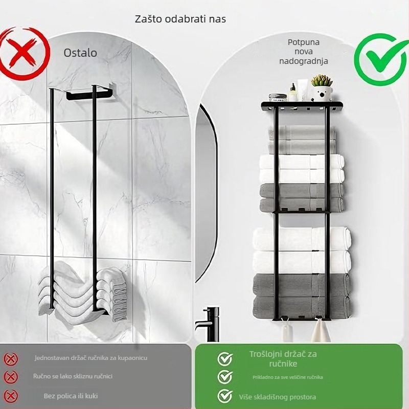 Zidni držač ručnika, dvije razine, od ugljičnog čelika, perforirano montažno, kupaonsko skladištenje