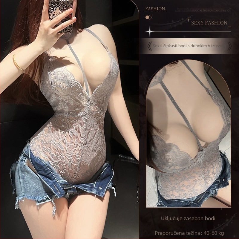 Rose Cloud seksi čipkasto rublje: halterneck, duboki V izrez, jednopojedina noćna haljina s otkrivenim stražnjim dijelom i iskušenje u stilu uniforme