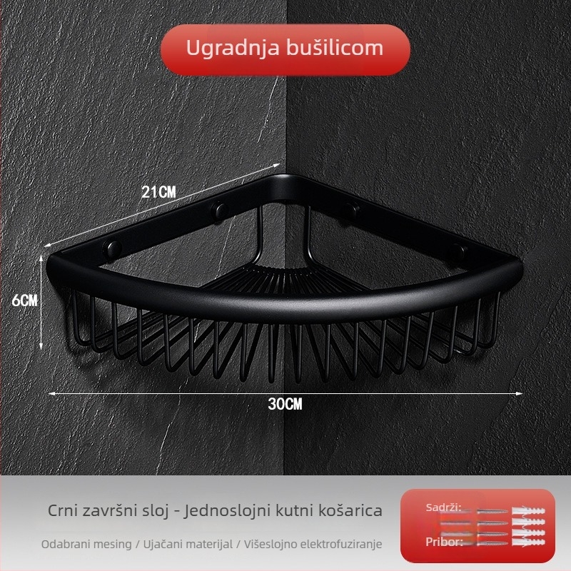 Kupaonica: bakreni trokutasti kutni stalak s mrežastim košarom, zidni, krom završna obrada, nosivost 30 kg, jednoslojni ili višeslojni sustav instalacije