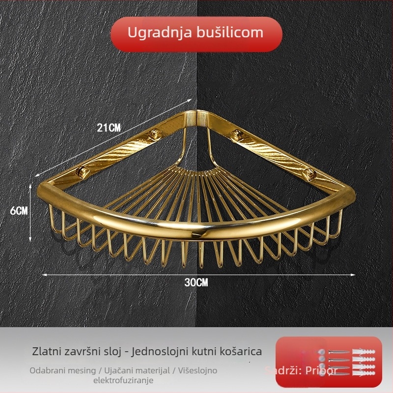 Kupaonica: bakreni trokutasti kutni stalak s mrežastim košarom, zidni, krom završna obrada, nosivost 30 kg, jednoslojni ili višeslojni sustav instalacije