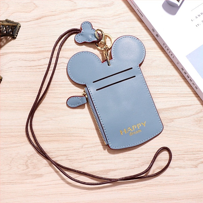 Ženski mini držač za osobnu iskaznicu s lančićem i džepom za kovanice, PU koža, zatvarač, uspravni kvadratni oblik, Mickey uzorak