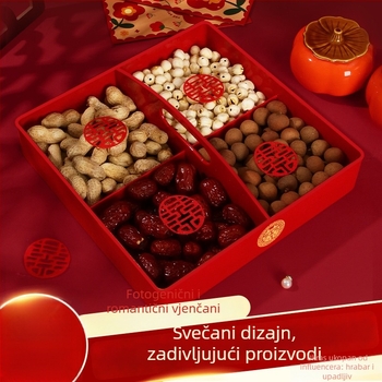 Tanjur za voće s mrežastim dizajnom četiri odjeljka, prenosiva kutija za suho voće za zaruke, plastika, mrežasti uzorak, novi kineski stil.